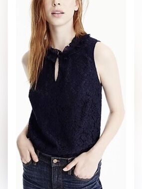 J Crew Blouse Women's Small Blue Lace Ruffle Neck Work Career Feminine